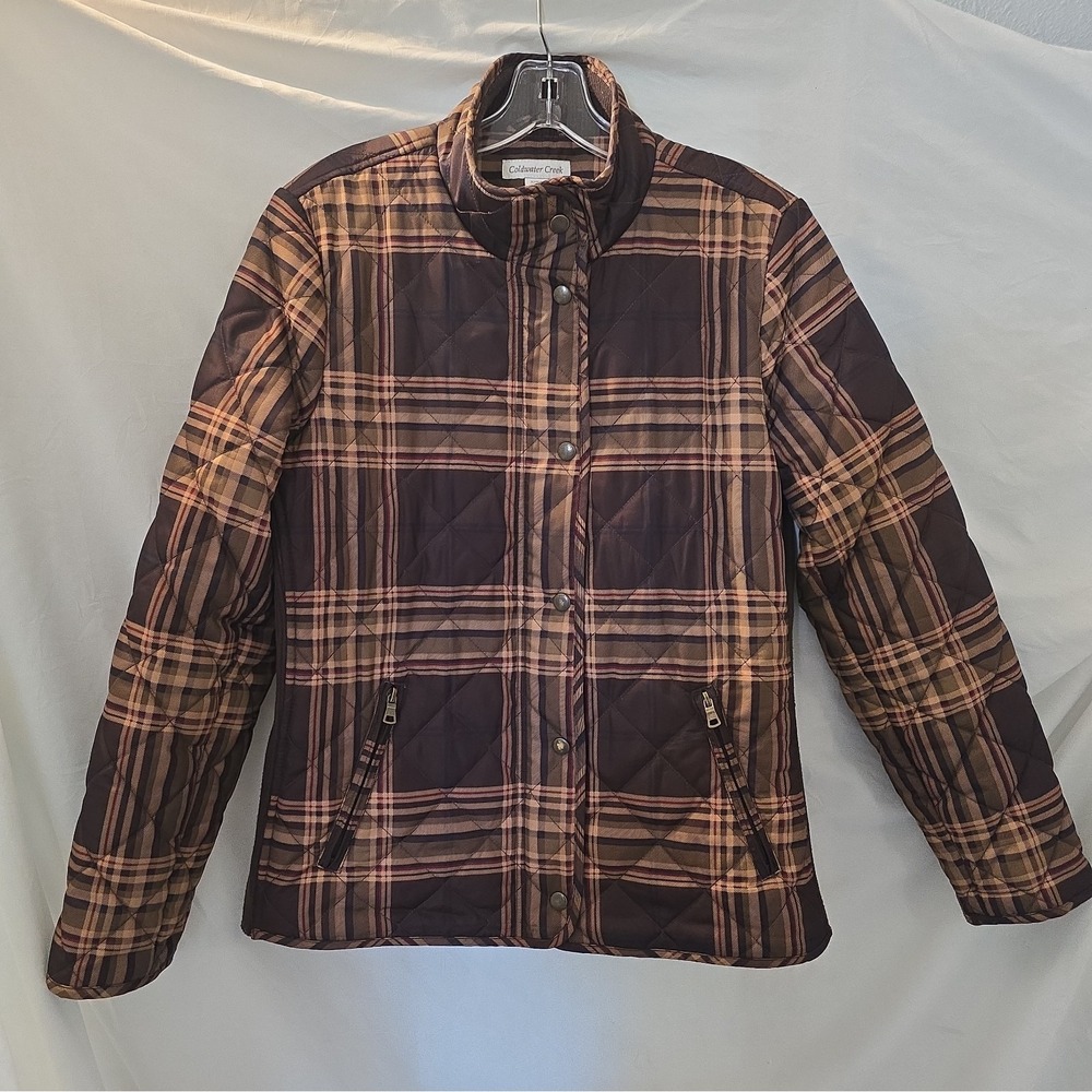 Coldwater Creek Quilted Plaid Jacket Mock-neck Preppy Academia Style Fall Size M